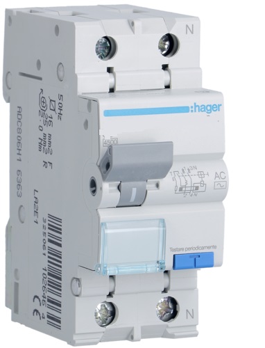HAGER Serie ADC - Interruttore Magnetotermico Differenziale Modulare - 1P+N  16A 30mA 6kA - Tipo AC - Curva C - 2 Moduli
